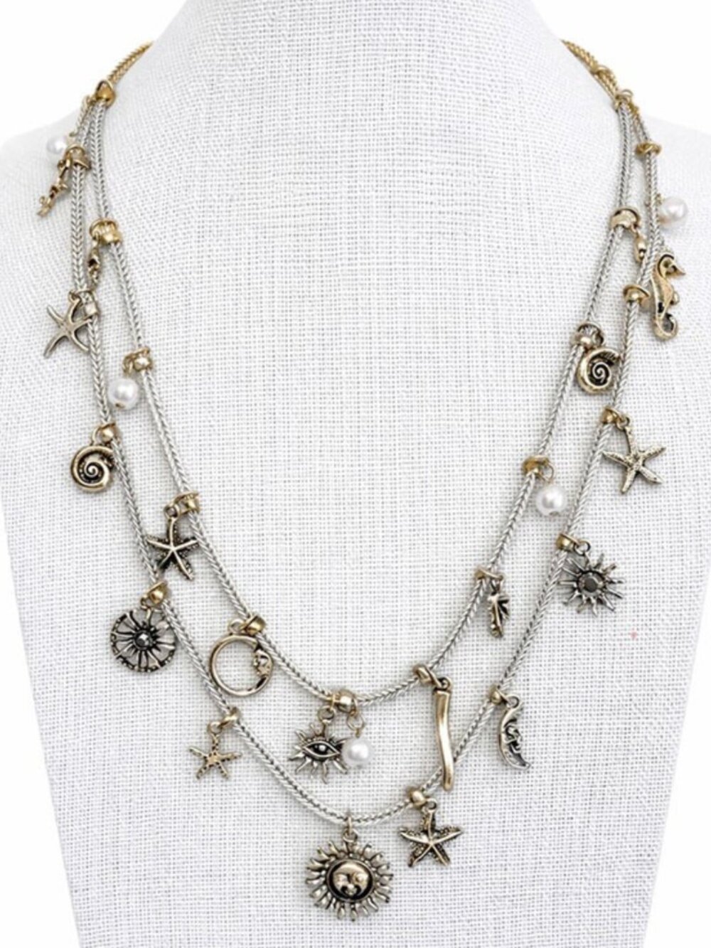 NEW Sunshine By The Sea Mixed Metal Charm Necklace Boho Suns Pearls 2-Layer
